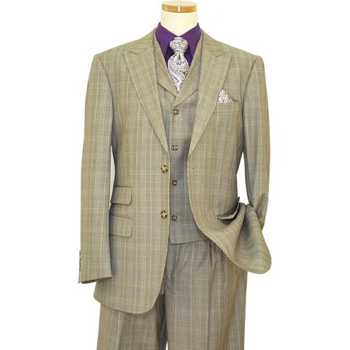 Luciano Carreli Collection Chocolate Brown / Bone Plaid With Violet Windowpanes With Bone Hand-Pick Stitching Super 150'S Vested Suit 5250/222